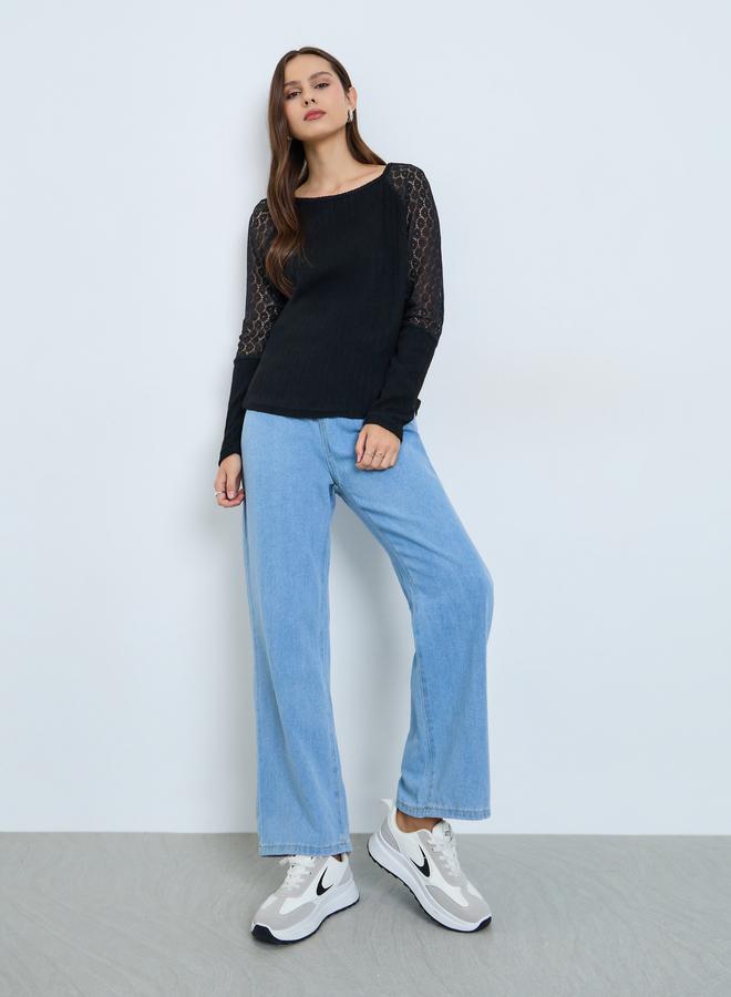 Take Two Black Lace Sleeve Ribbed Top - Image 2