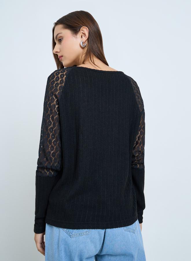 Take Two Black Lace Sleeve Ribbed Top - Image 4