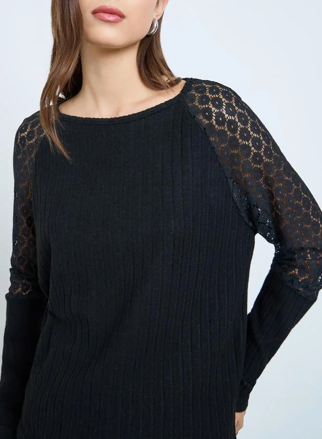 Take Two Black Lace Sleeve Ribbed Top