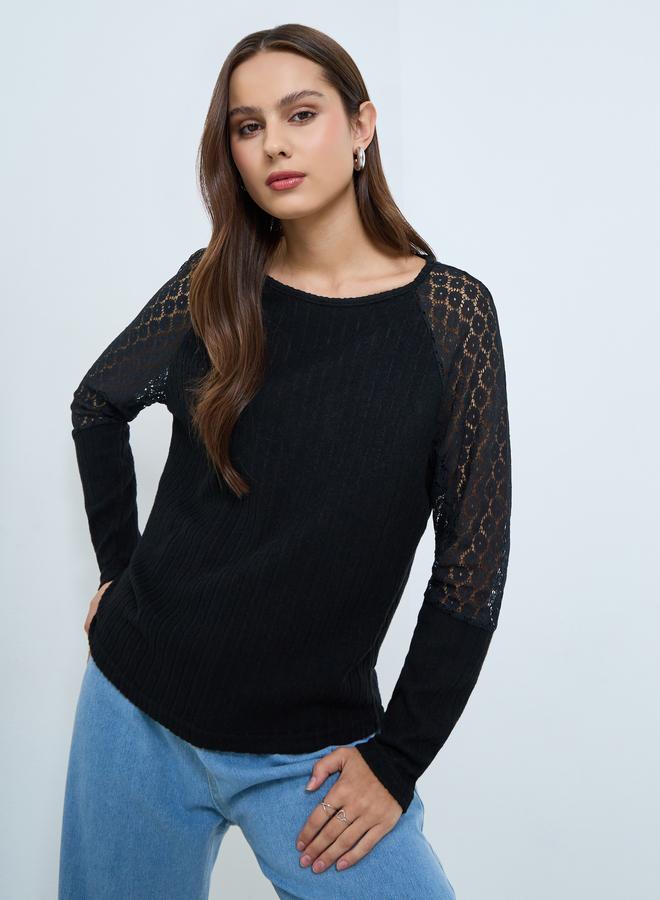 Take Two Black Lace Sleeve Ribbed Top - Image 1