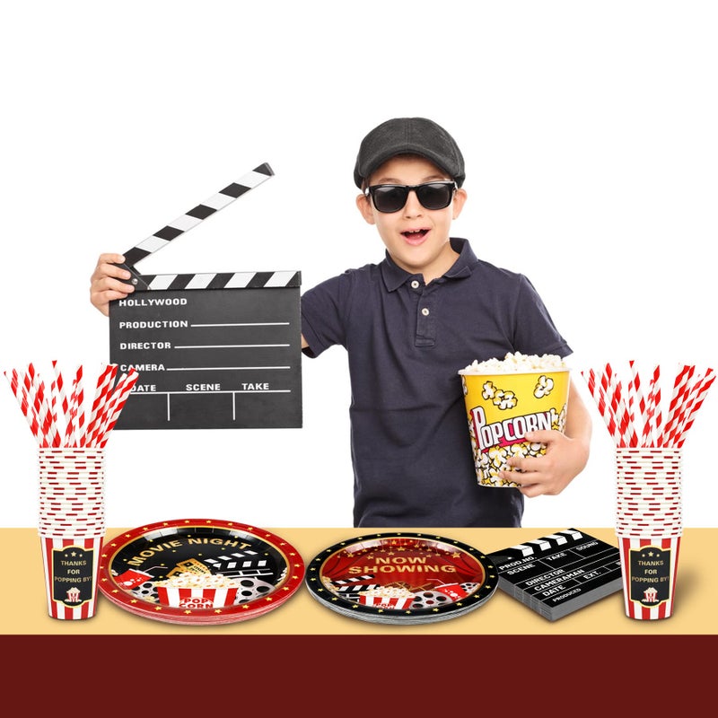 Recheel Movie Night Party Supplies Decorations, Movie Theme Birthday Paper Plates and Napkins Set with Cups and Straws for 24 Guests, 120 Pcs Disposable Party Snack Dinnerwares - Image 5