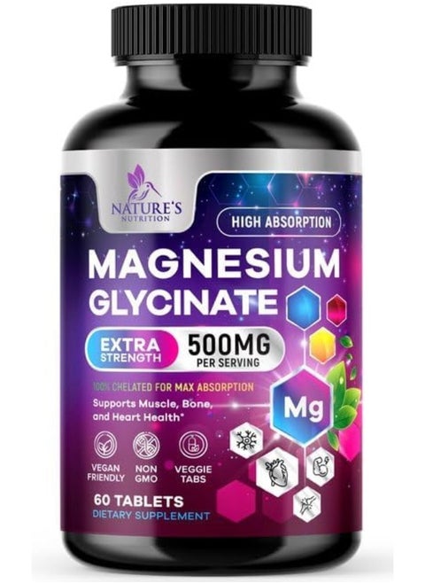 Magnesium Glycinate 425 mg with Calcium - Max Absorption Magnesium Tablets for Muscle, Nerve, Bone & Heart Health Support - Vegan, Non-GMO, Gluten Free Nature's Nutrition Supplement - 60 Tablets