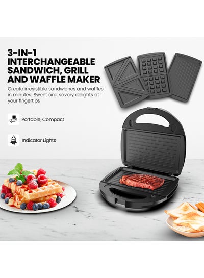 NIKAI 3-IN-1 750W Interchangeable Multi-function Sandwich Maker with Grill and Waffle Maker, Detachable Plates, Compact for Convenience & Auto