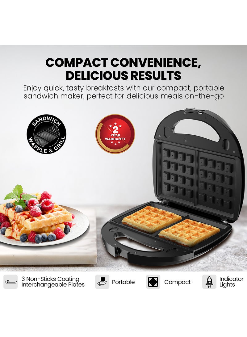 NIKAI 3-IN-1 750W Interchangeable Multi-function Sandwich Maker with Grill and Waffle Maker, Detachable Plates, Compact for Convenience & Auto-Shut Off, Advanced Temperature control indicator, Thermostat Control, Over -Heat Protection- 2 Year Warranty 750 W NGT323D Black - Image 2