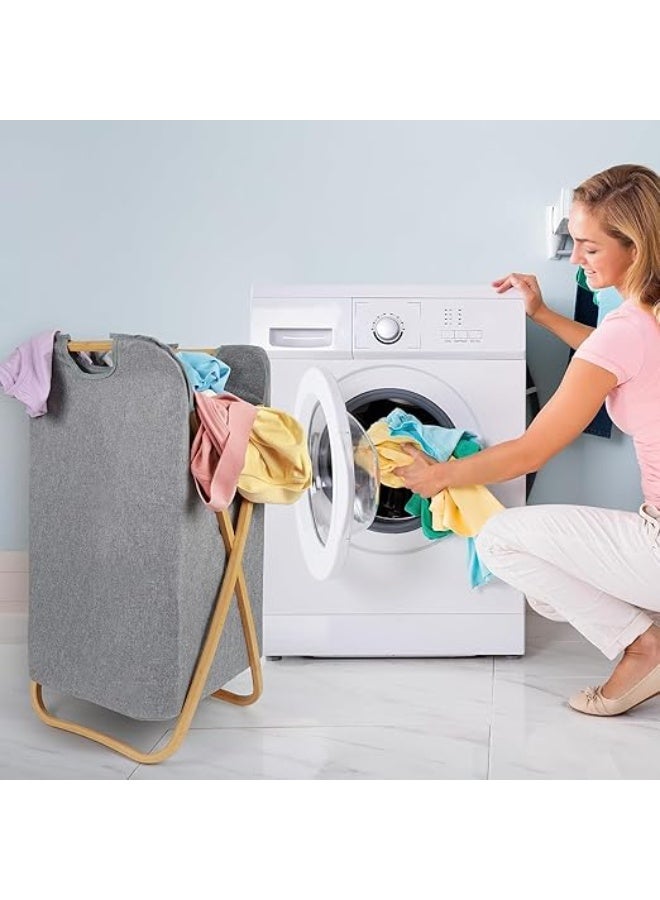 سلة غسيل قابلة للطي – سعة كبيرة 60 لتر، مزودة بإطار من الخيزران ومقابض قوية، سلة ملابس قابلة للحمل قابلة للطي لغرفة النوم أو الحمام أو غرفة الغسيل (رمادي) - Image 2