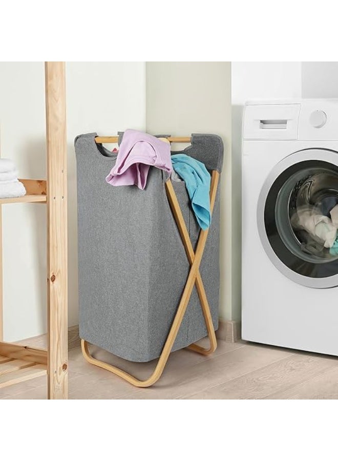 سلة غسيل قابلة للطي – سعة كبيرة 60 لتر، مزودة بإطار من الخيزران ومقابض قوية، سلة ملابس قابلة للحمل قابلة للطي لغرفة النوم أو الحمام أو غرفة الغسيل (رمادي) - Image 3