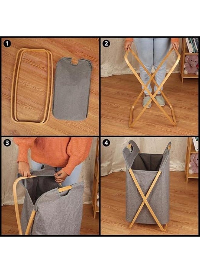 سلة غسيل قابلة للطي – سعة كبيرة 60 لتر، مزودة بإطار من الخيزران ومقابض قوية، سلة ملابس قابلة للحمل قابلة للطي لغرفة النوم أو الحمام أو غرفة الغسيل (رمادي) - Image 4