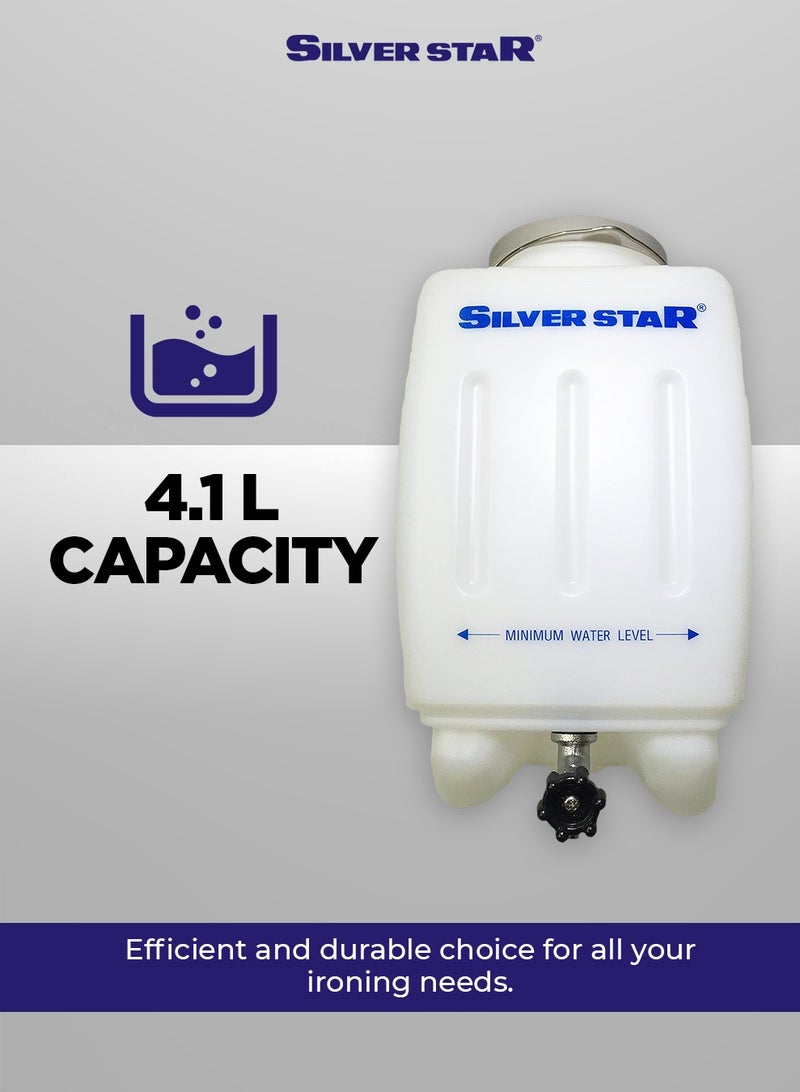 سيلڤر ستار مكواة بخار Silver Star ES-300 بنظام الجاذبية - 220 فولت  مكواة بخار احترافية تعمل بنظام التغذية بالجاذبية، مزودة بزجاجة تعليق لتوفير البخار المستمر، وتعمل بقدرة 1300 واط. تتميز بقاعدة مغطاة بطبقة غير لاصقة تضمن انزلاقًا سلسًا على جميع أنواع الأقمشة، وخرطوشة إزالة المعادن لتقليل الترسبات الكلسية، وقاعدة سيليكون مقاومة للحرارة لتوفير الأمان أثناء الاستخدام.  يأتي هذا الطقم الكامل مزودًا بكل ما تحتاجه لكيّ احترافي عالي الجودة، ويشمل خزان مياه بسعة 4.0 لتر لضمان الاستخدام المستمر دون انقطاع. - Image 5