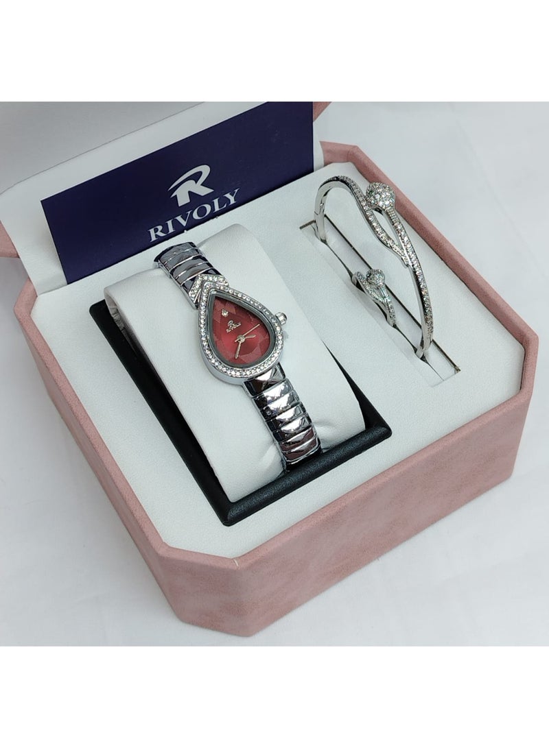 ريفولي طقم نسائي راقٍ بساعة بتصميم فاخر على شكل قطرة، مرصعة بالكريستال مع سوار أنيق يعكس لمسة فخامة وجاذبية