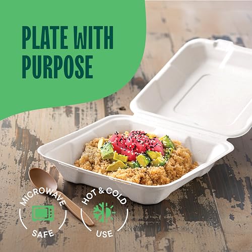 Stack Man 100% Compostable Clamshell Take Out Food Containers [8X8" 50-Pack] Heavy-Duty Quality to go Containers, Natural Disposable Bagasse, Eco-Friendly Biodegradable Made of Sugar Cane Fibers - Image 3