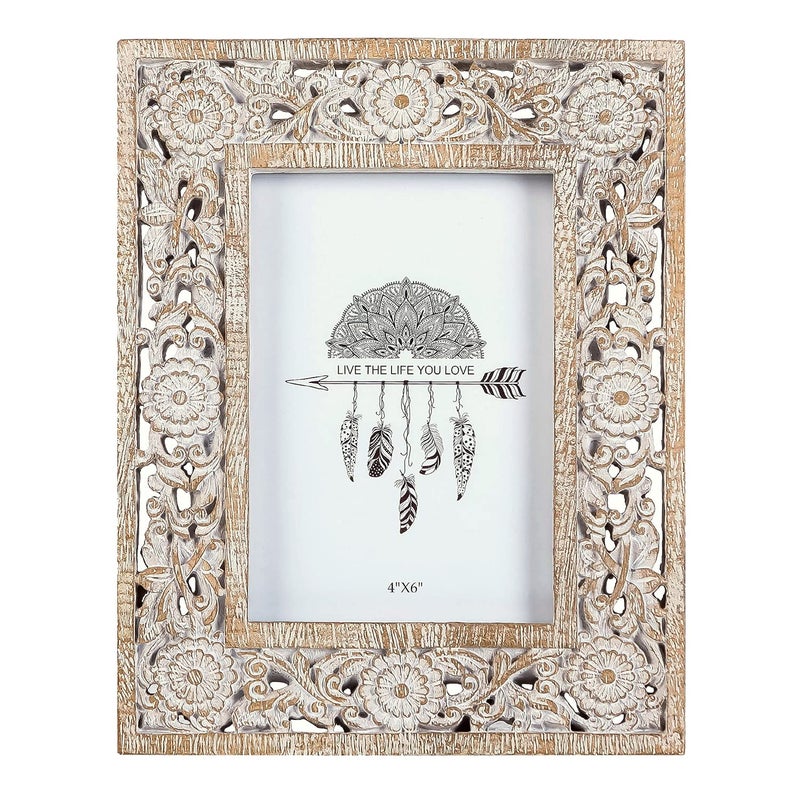 NIKKY HOME Farmhouse Boho Style Floral Picture Frame 4x6 Rustic Resin Photo Frame with Distressed White Finish High Definition Glass for Wall and Table Top Display