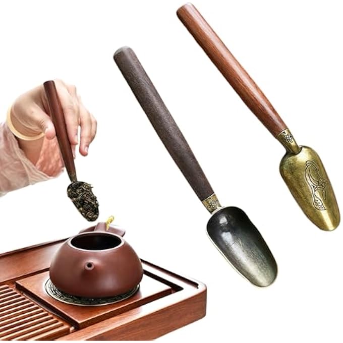 ريحني 2 قطعة ملعقة شاي ريترو بطول 168 سم ومقبض خشبي من النحاس المعدني، عملية نحت لأوراق الشاي السائبة وشاي الماتشا والقهوة وأدوات المطبخ باللون البني والأسود - Image 2