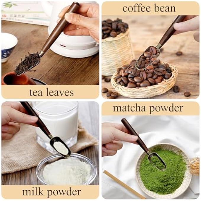 ريحني 2 قطعة ملعقة شاي ريترو بطول 168 سم ومقبض خشبي من النحاس المعدني، عملية نحت لأوراق الشاي السائبة وشاي الماتشا والقهوة وأدوات المطبخ باللون البني والأسود - Image 5