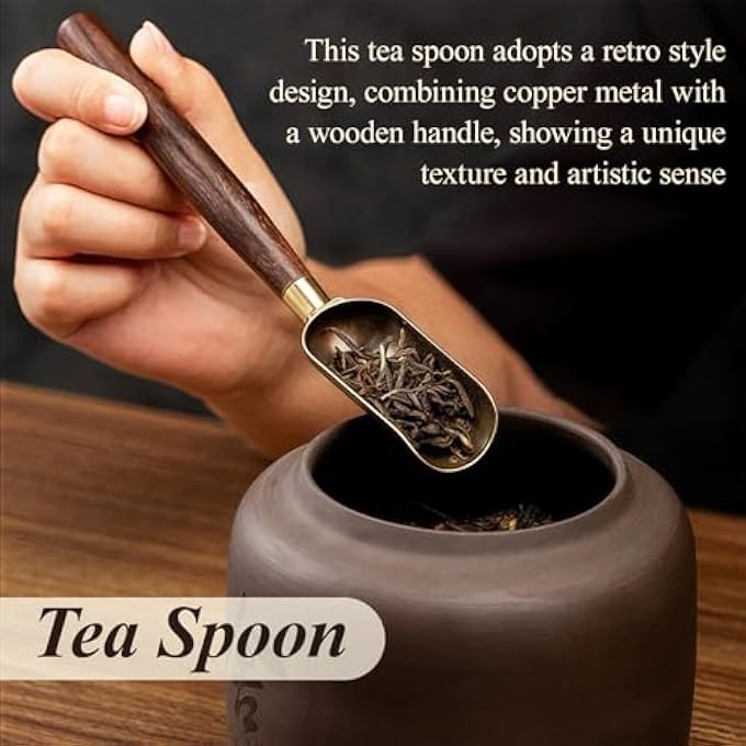ريحني 2 قطعة ملعقة شاي ريترو بطول 168 سم ومقبض خشبي من النحاس المعدني، عملية نحت لأوراق الشاي السائبة وشاي الماتشا والقهوة وأدوات المطبخ باللون البني والأسود - Image 3