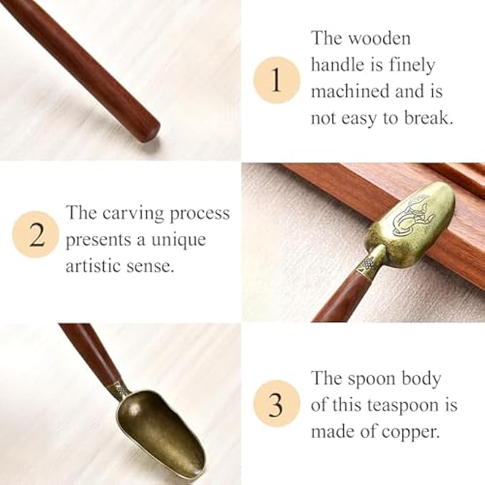 ريحني 2 قطعة ملعقة شاي ريترو بطول 168 سم ومقبض خشبي من النحاس المعدني، عملية نحت لأوراق الشاي السائبة وشاي الماتشا والقهوة وأدوات المطبخ باللون البني والأسود - Image 4