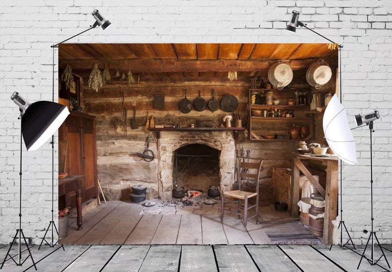 BELECO Rustic Kitchen Backdrop 7x5ft Fabric Western Old Wooden House Kitchen Interior Background Rural Farmhouse Fireplace Cooking Utensils Cooking Background Farmers Cowboys Portrait Photo Props - Image 2
