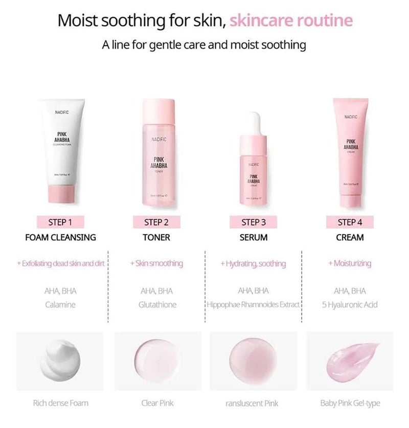 Nacific Pink AHA BHA Kit (Cleansing Foam, Toner, Serum, Cream) Travel Size Skin Care Set - Image 5