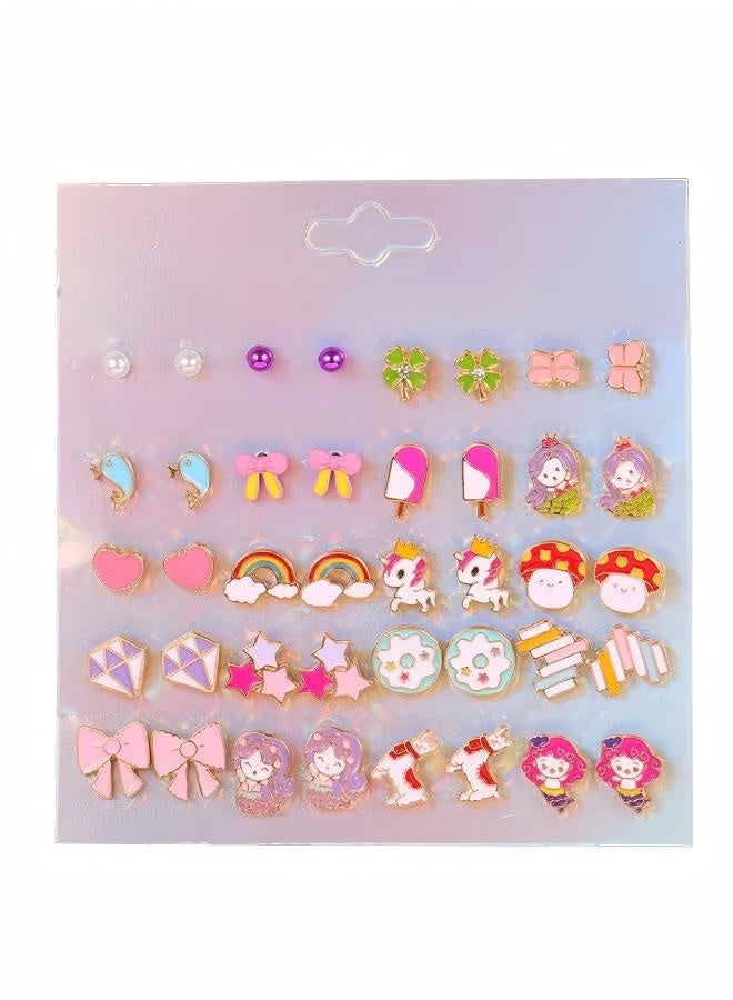 مجموعة أقراط مضادة للحساسية للبنات - 20 زوجًا من الأقراط المرصعة اللطيفة للأطفال والنساء ذوات الأذنين الحساسة، عبوة أقراط بظهر لولبي خالية من النيكل، أقراط لطيفة للبنات - Image 4