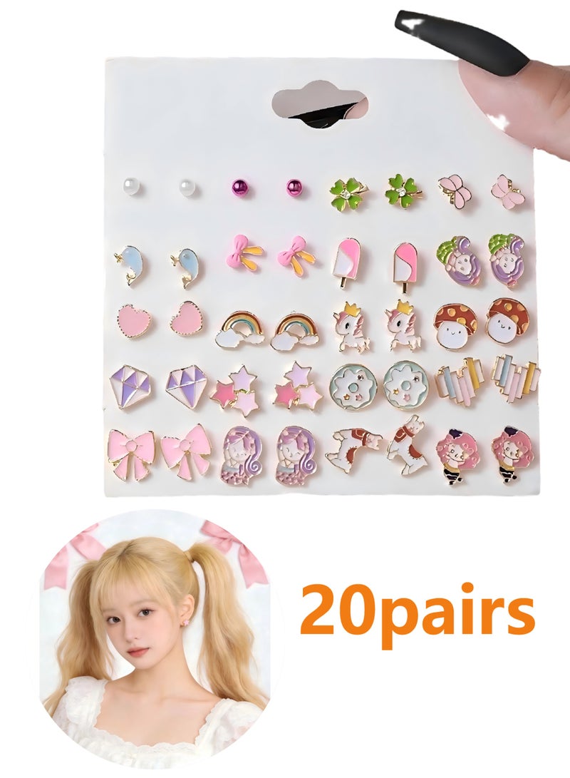 مجموعة أقراط مضادة للحساسية للبنات - 20 زوجًا من الأقراط المرصعة اللطيفة للأطفال والنساء ذوات الأذنين الحساسة، عبوة أقراط بظهر لولبي خالية من النيكل، أقراط لطيفة للبنات - Image 1