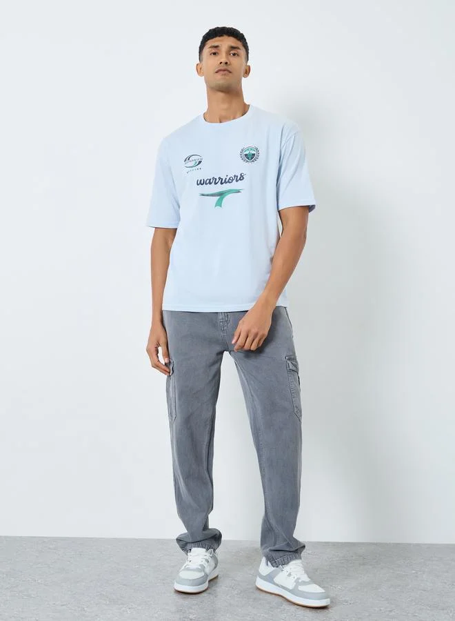 Styli Light Blue Graphic Print Oversized T-Shirt