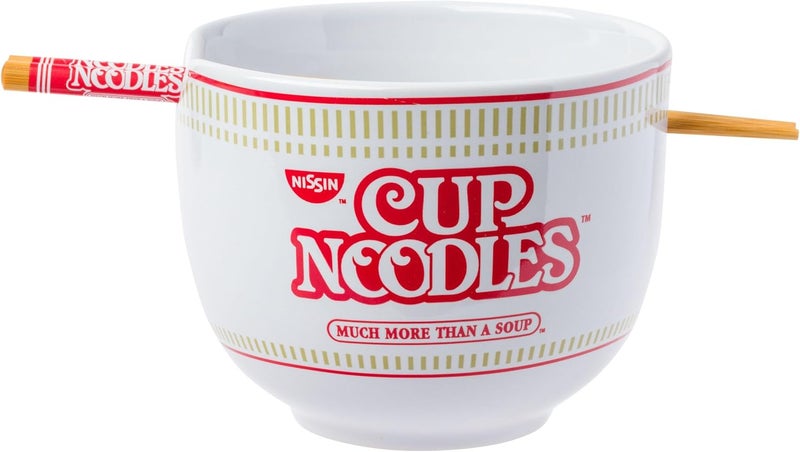 Silver Buffalo Nissin Classic Cup Noodles Logo Much More than a Soup Ceramic Ramen Noodle Rice Bowl with Chopsticks Microwave Safe 20 Ounces - Image 1