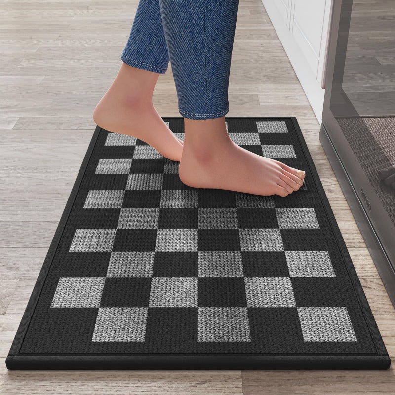 YDKGL Kitchen Mats For Floor, Soft Anti Fatigue Super Absorbent Kitchen Rugs Non Slip Washable, Linen-Look Woven Cushion Kitchen Runner Rug, Kitchen Sink Mat Standing Mat, Black Gray Checkered 17"x30" - Image 1