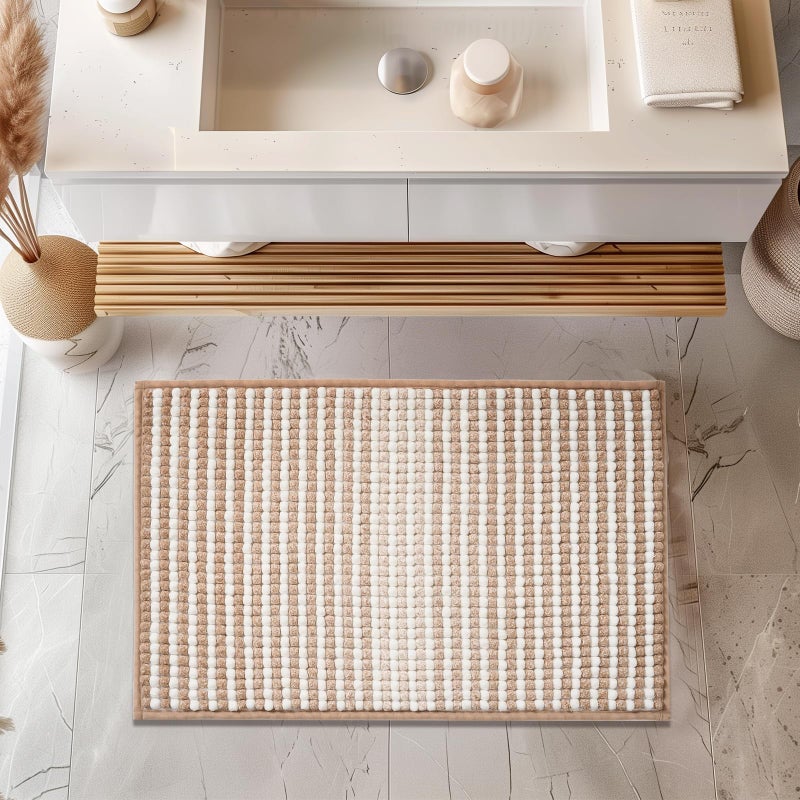 FRESHMINT Chunky Ombre Chenille Bathroom Rug 20""x32""  Water Absorbent Soft Bath Rugs for Bathroom Floor  Thick Non Slip Bath Mat Washable Quick Dry Shower Mats  Beige and White - Image 1