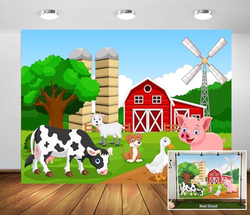 Loccor 7x5ft Fabric Farm Animals Backdrop for Kids Birthday Party Decorations Cartoon Red Barnyard Cow Photography Background Baby Shower Barn Farm Themed Party Cake Table Banner Photoshoot Props - Image 3
