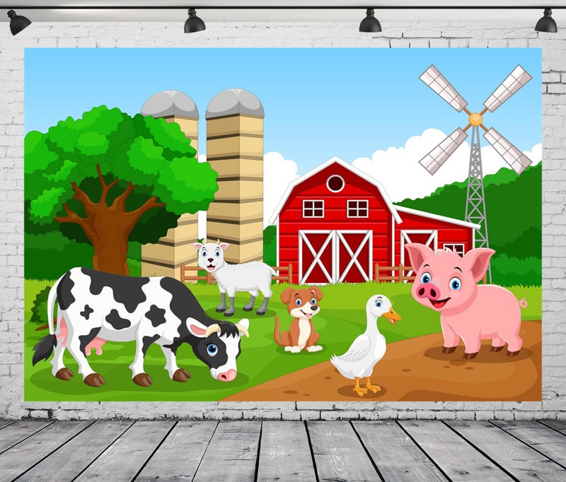Loccor 7x5ft Fabric Farm Animals Backdrop for Kids Birthday Party Decorations Cartoon Red Barnyard Cow Photography Background Baby Shower Barn Farm Themed Party Cake Table Banner Photoshoot Props - Image 2