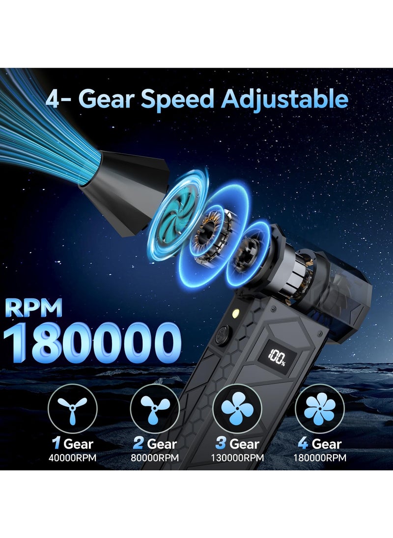 Alruht 10000mAh Compressed Air Duster with Two LED Light-180000RPM Electric Mini Blower, 4-Gear Adjustable Air Blower Rechargeable Cordless PC Cleaning Kit for Keyboard, Computer, Car, Snow, Home, Black  - Image 3