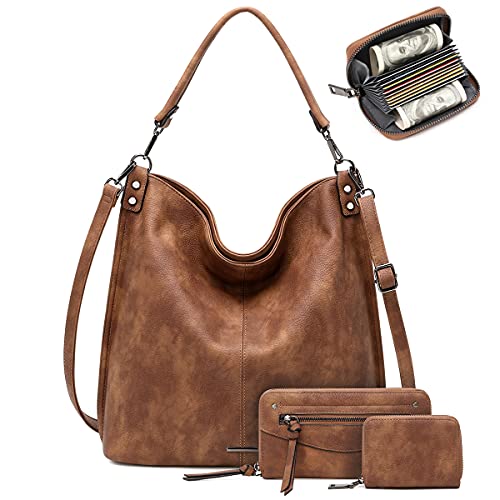 lapsting Hobo Bags for Women Handbags Boho Crossbody Ladies Shoulder Purses Designer Faux Leather with Wallet Brown 3PCS Set - Image 1