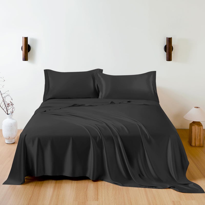THXSILK 100 Silk Sheet Set 7A Silk Sheet Set Soft Breathable Luxury Bedding 1 Flat Sheet 1 Fitted Sheet 2 Pillow Shams King Black
