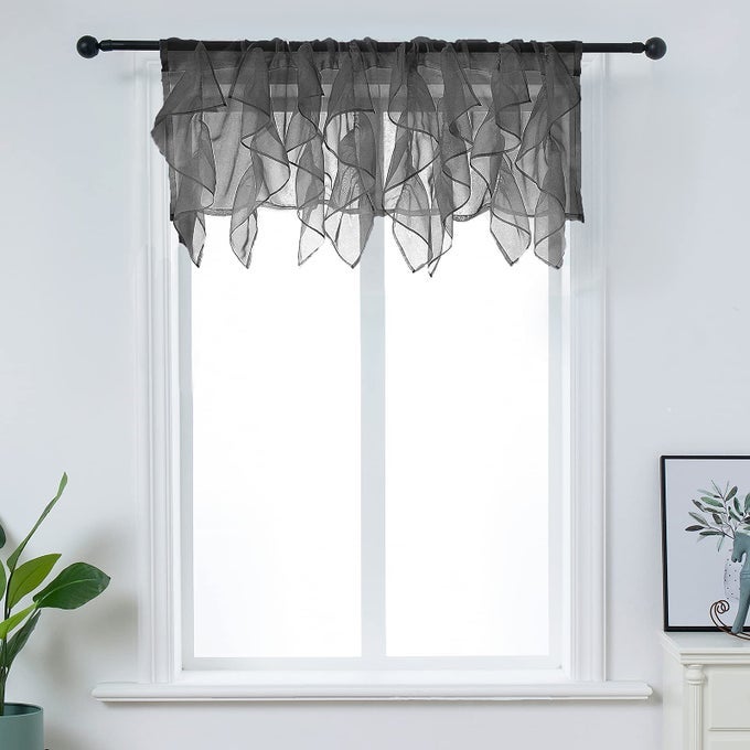 RUFFLED VOILE SEMI SHEER CURTAIN VALANCE KITCHEN LIVING ROOM SHABBY CHIC RUFFLE VALANCE CURTAINS GIRLS DAUGHTERS BEDROOM CASCADE WINDOW VALANCE BLACK 50X16 INCHES