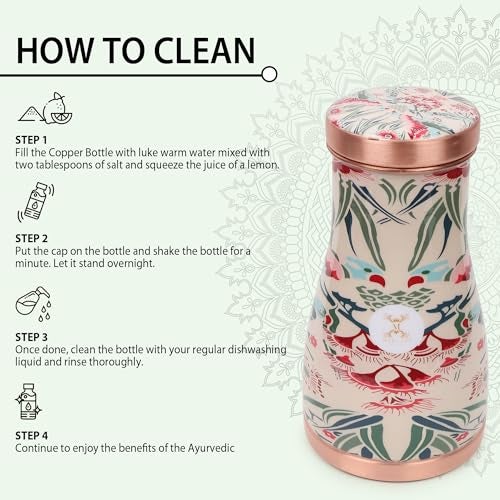 MERCAPE® Merscape 100% Pure Copper Water Bedside Bottle with Multicolor Printed Design | Copper Carafe with Inbuilt Glass | Ideal for Bedroom, Office & Home Use | 1000 ml - Image 4