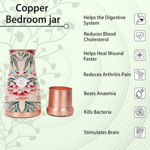 MERCAPE® Merscape 100% Pure Copper Water Bedside Bottle with Multicolor Printed Design | Copper Carafe with Inbuilt Glass | Ideal for Bedroom, Office & Home Use | 1000 ml - Image 5