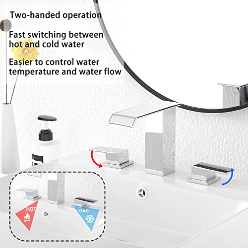 GGStudy Chrome Bathroom Faucet Waterfall Widespread GGStudy 3 Holes 2 Handle Polisehd Chrome Waterfall Modern Bathroom Sink Faucet with Pop Up Drain - Image 3
