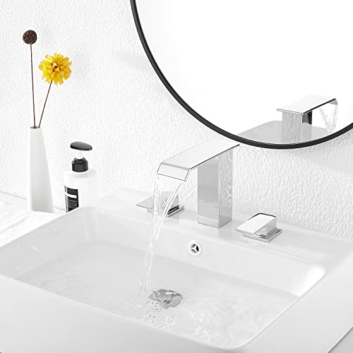 GGStudy Chrome Bathroom Faucet Waterfall Widespread GGStudy 3 Holes 2 Handle Polisehd Chrome Waterfall Modern Bathroom Sink Faucet with Pop Up Drain - Image 5