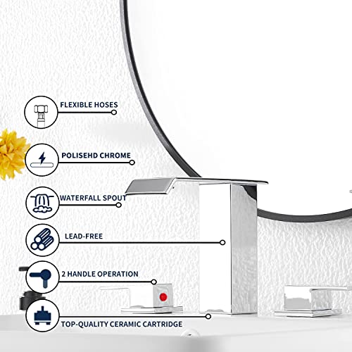 GGStudy Chrome Bathroom Faucet Waterfall Widespread GGStudy 3 Holes 2 Handle Polisehd Chrome Waterfall Modern Bathroom Sink Faucet with Pop Up Drain - Image 4