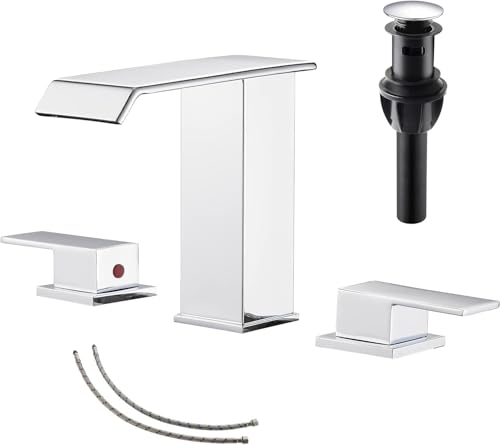 GGStudy Chrome Bathroom Faucet Waterfall Widespread GGStudy 3 Holes 2 Handle Polisehd Chrome Waterfall Modern Bathroom Sink Faucet with Pop Up Drain - Image 1
