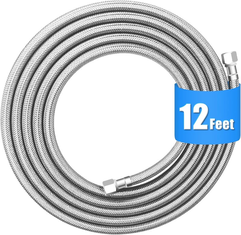 HAO CHEN Refrigerator water line - 12 FT Premium Stainless Steel Braided Ice Maker Water Hose,Food grade PEX Inner Tube Fridge Water Line with 1/4" Fittings for Refrigerator Ice Maker - Image 1