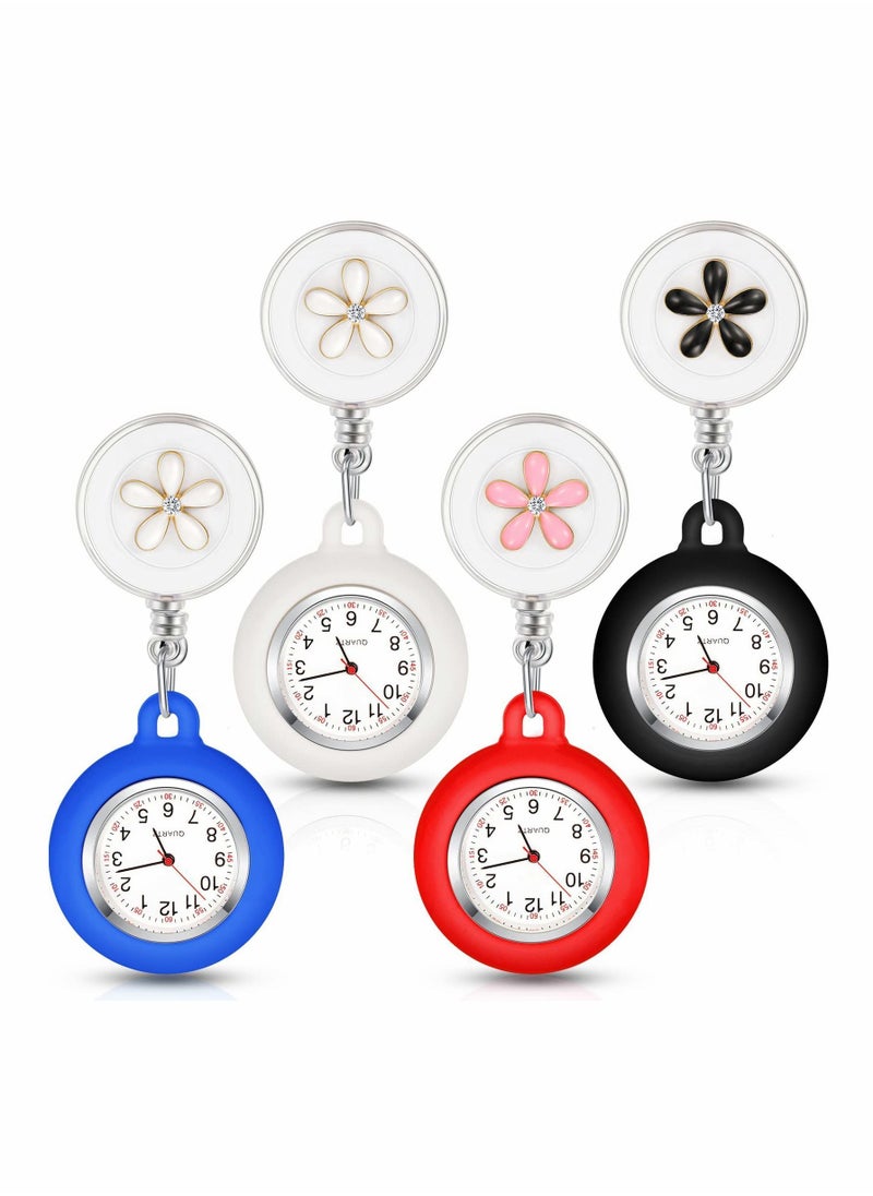 Y&D Retractable Nurse Watches, Clip-on Hanging Fob Portable Pocket Watch with Cute Flower Pattern, Lapel Watches for Nurses Doctors Silicone Cover  - Image 1