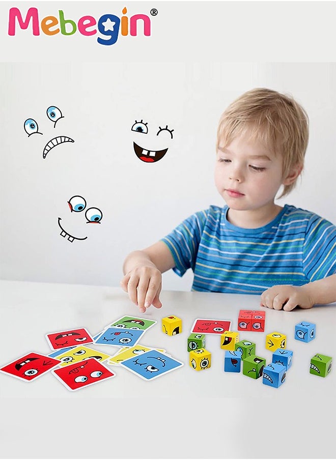 MEBEGIN - Expression Blocks Set with Clap Bell and 64 Cards, Wooden Expressions Matching Block Puzzles, Funny Emoji Building Cubes, Face Changing Magic Cube Game, Educational Montessori Toys, Perfect Gift for Kids - Image 1