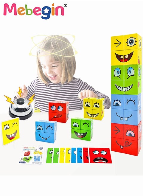 Expression Blocks Set with Clap Bell and 64 Cards, Wooden Expressions Matching Block Puzzles, Funny Emoji Building Cubes, Face Changing Magic Cube Game, Educational Montessori Toys, Perfect Gift for Kids