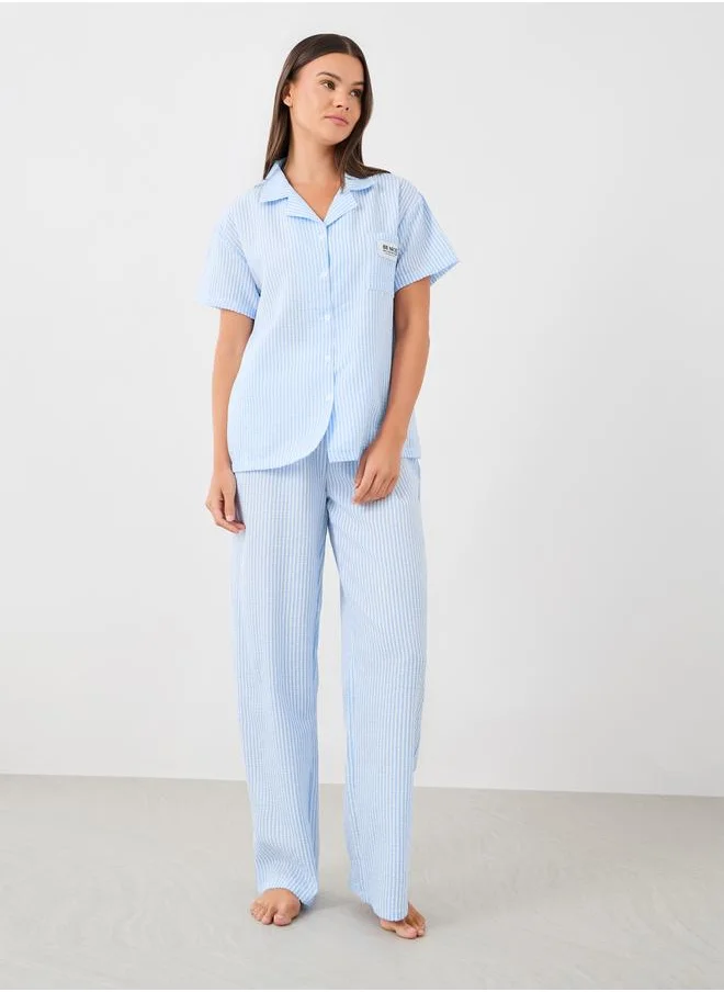 ستايلي Styli Striped Collared Short Sleeve Shirt and Pyjama Set