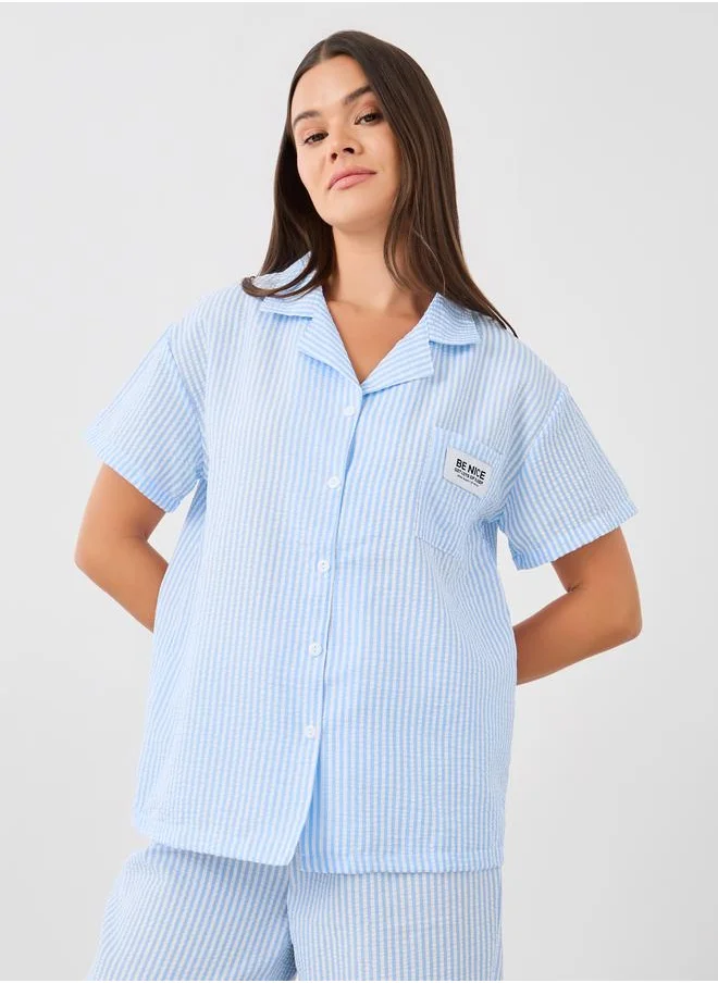 ستايلي Styli Striped Collared Short Sleeve Shirt and Pyjama Set