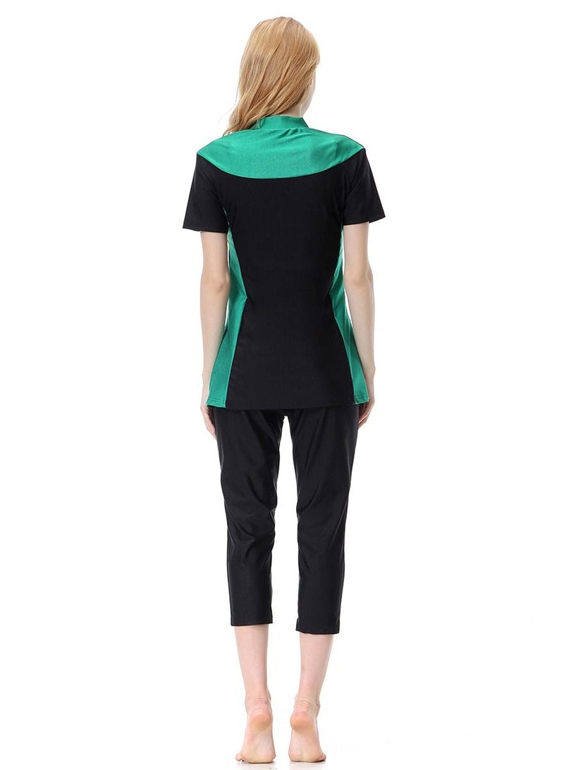 Loquat Women's Highly elastic Three-Piece Swimwear Set Conservative Style Short Sleeve Swimsuit Set Green/Black  - Image 2
