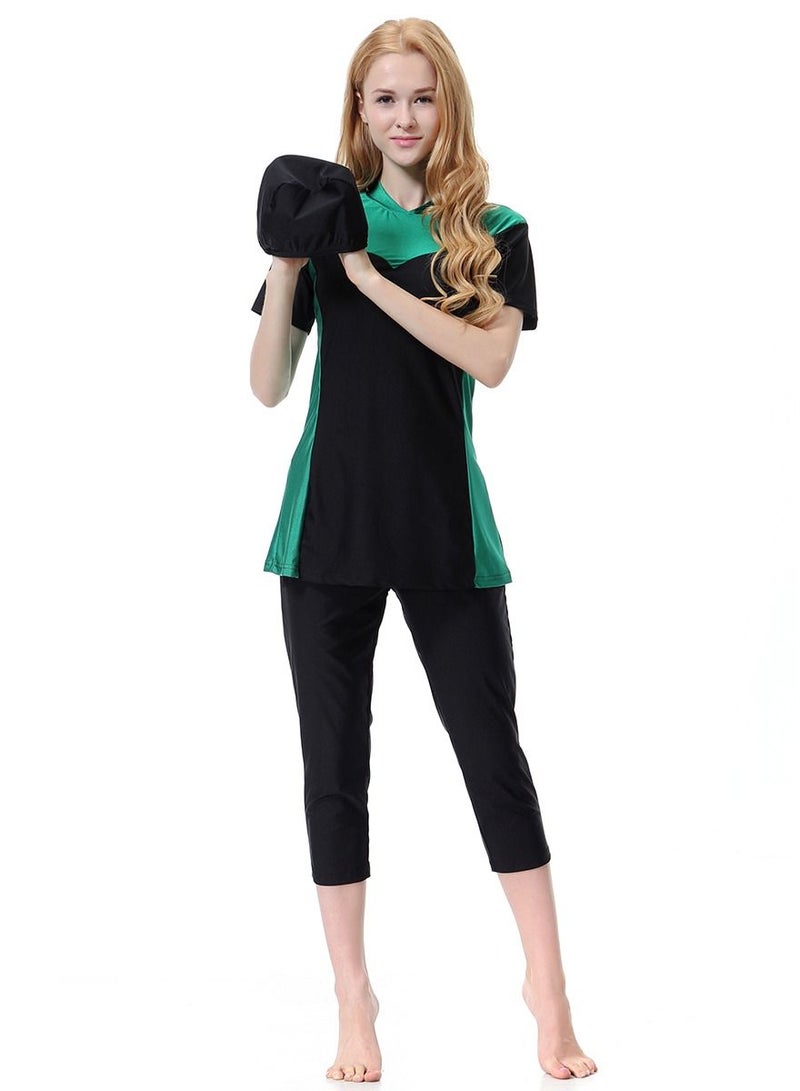 Loquat Women's Highly elastic Three-Piece Swimwear Set Conservative Style Short Sleeve Swimsuit Set Green/Black  - Image 1