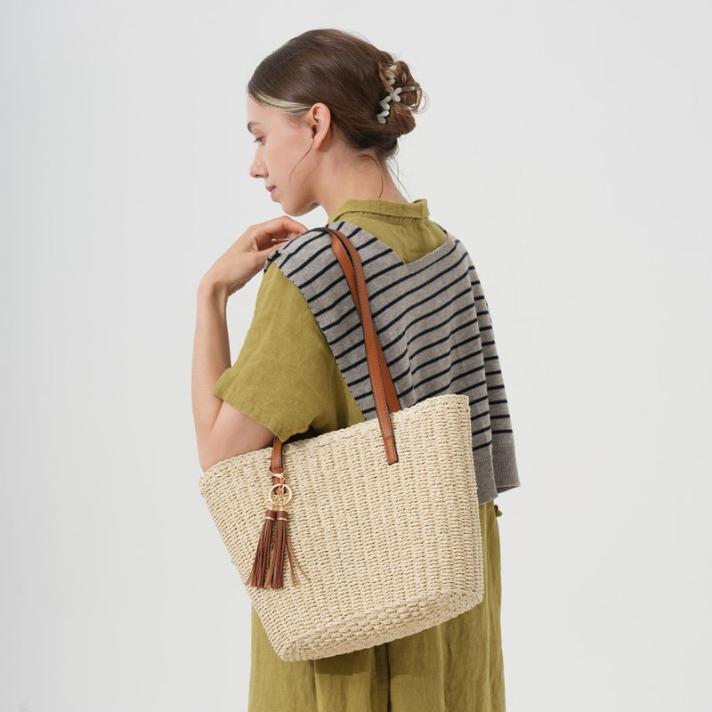 Fringed Woven Straw Tote Bag - Image 2