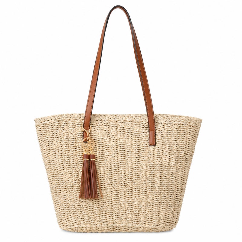 Fringed Woven Straw Tote Bag - Image 1
