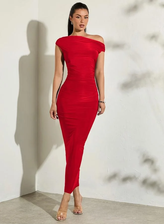 Take Two Red Asymmetric Neck Bodycon Maxi Dress